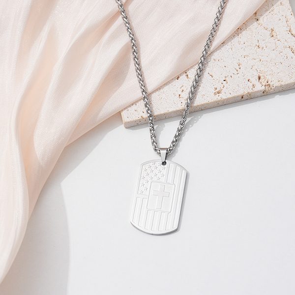 Silver America cross men's custom dog tag necklace