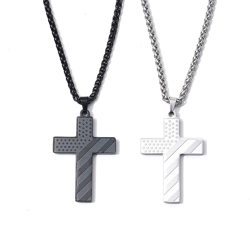 America Flag Engraved Stainless Steel Cross Necklace for Men – Wholesale Custom Jewelry-custom stainless steel jewelry manufacturer