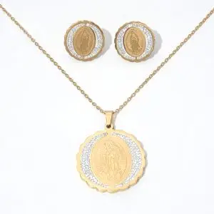 Gold Virgin Mary Pendant Necklace earrings set stainless steel jewelry for women-custom stainless steel jewelry manufacturer