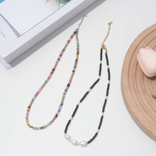 Black beaded necklace freshwater pearl minimalist style handmake jewelry