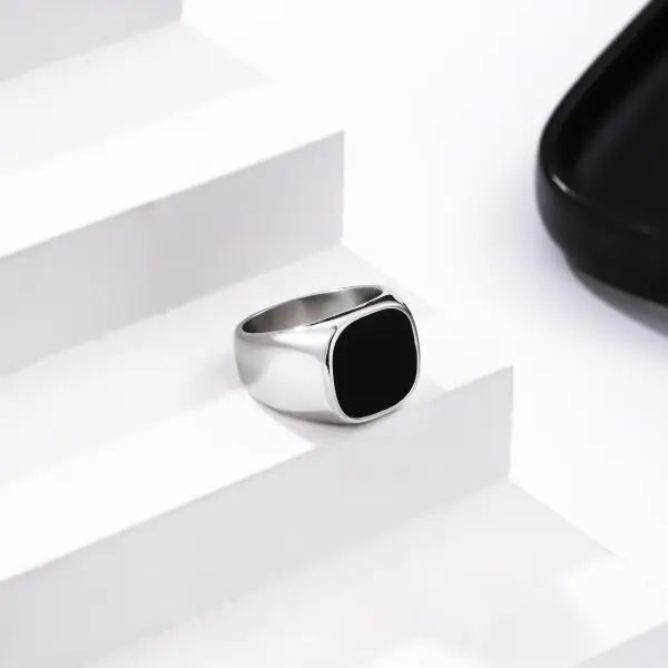Black square signet ring men stainless steel jewelry