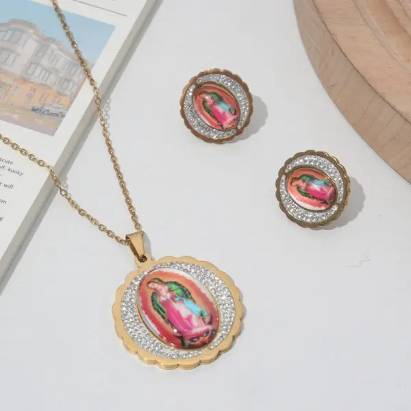 Virgin Mary necklace earrings set stainless steel