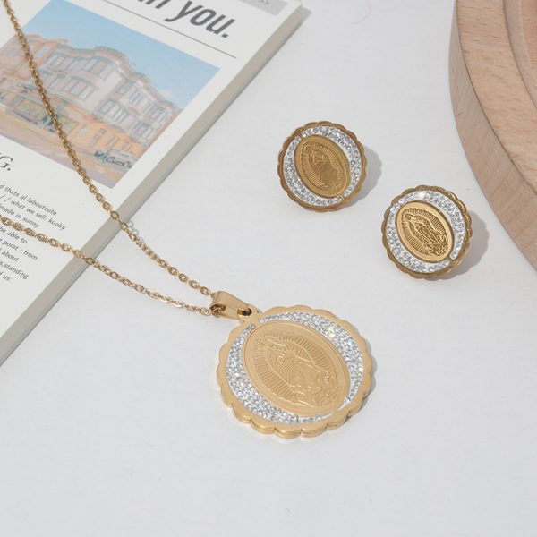 Virgin Mary necklace earrings set stainless steel