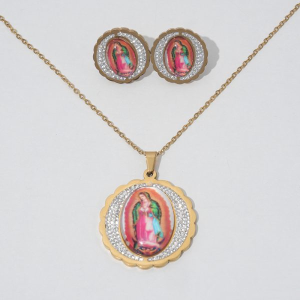 Virgin Mary necklace earrings set stainless steel