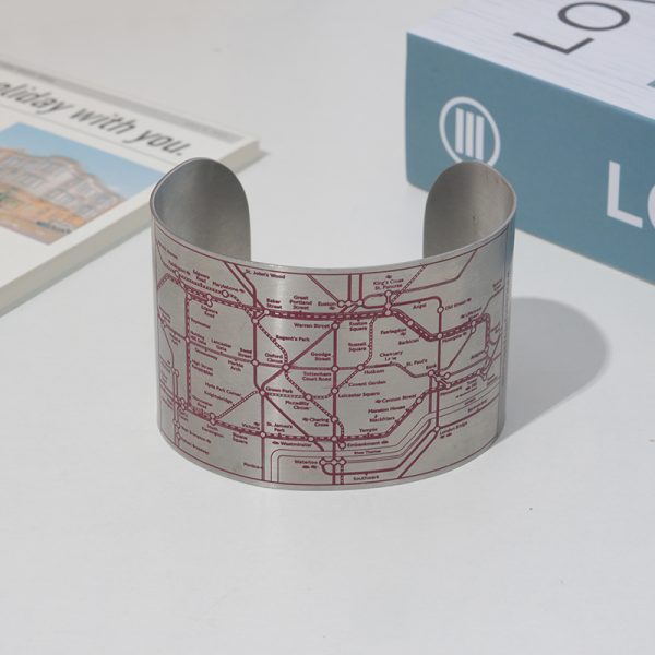 Wide engraved cuff bracelet city map enamel stainless steel jewelry