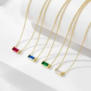 12-Piece Stainless Steel Birthstone Baguette Bar Necklace Set – Minimalist Rectangular Gemstones (2)