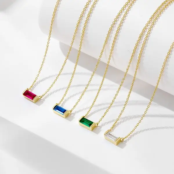 12-Piece Stainless Steel Birthstone Baguette Bar Necklace Set – Minimalist Rectangular Gemstones (2)