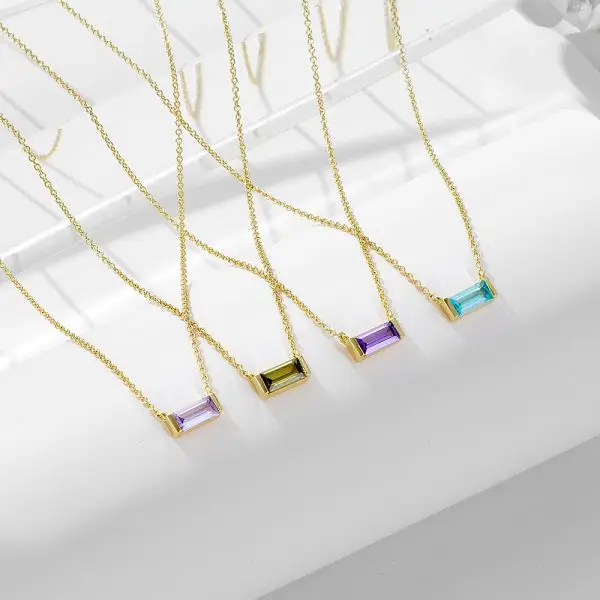 12-Piece Stainless Steel Birthstone Baguette Bar Necklace Set – Minimalist Rectangular Gemstones (2)