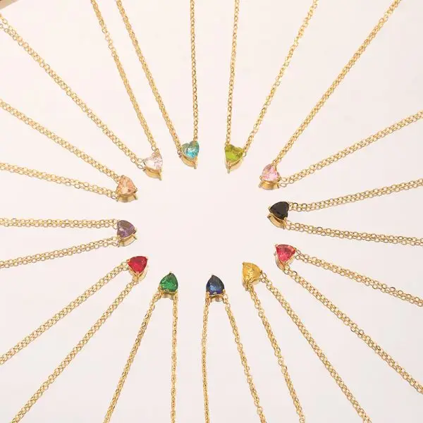 12-Piece Stainless Steel Birthstone Heart Necklace Set with PVD Gold Coating