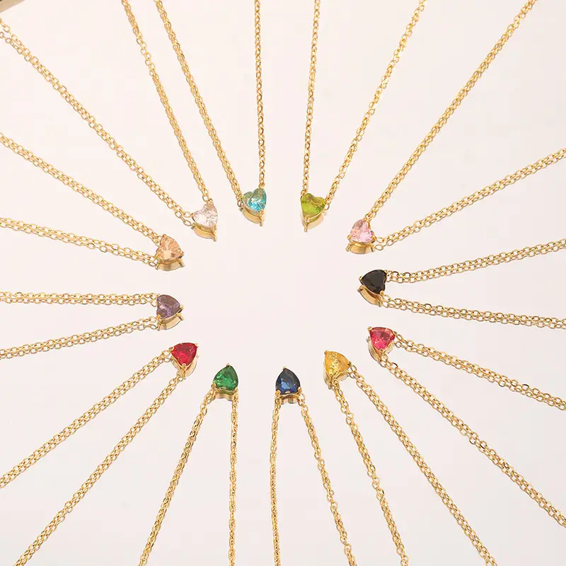 12-Piece Stainless Steel Birthstone Heart Necklace Set with PVD Gold Coating