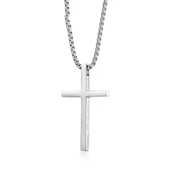 This engravable cross pendant necklace features a sleek black stainless steel design with custom text on the front and side. Perfect for personal messages or scriptures. Free samples available.