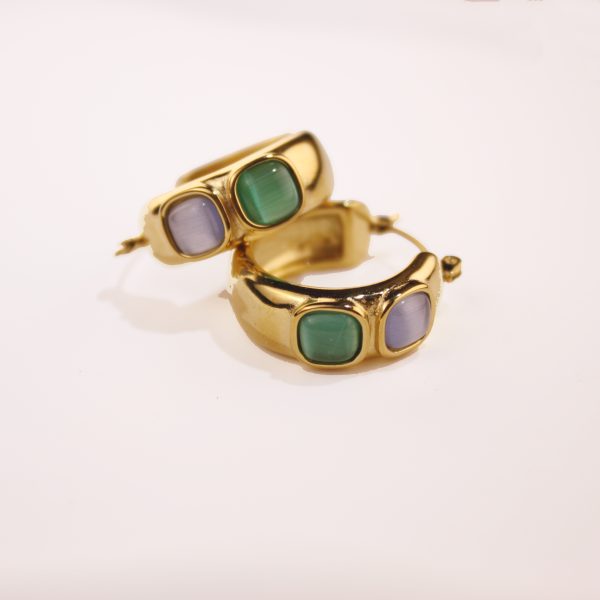 Chunky gold hoop earrings with green and lavender stones