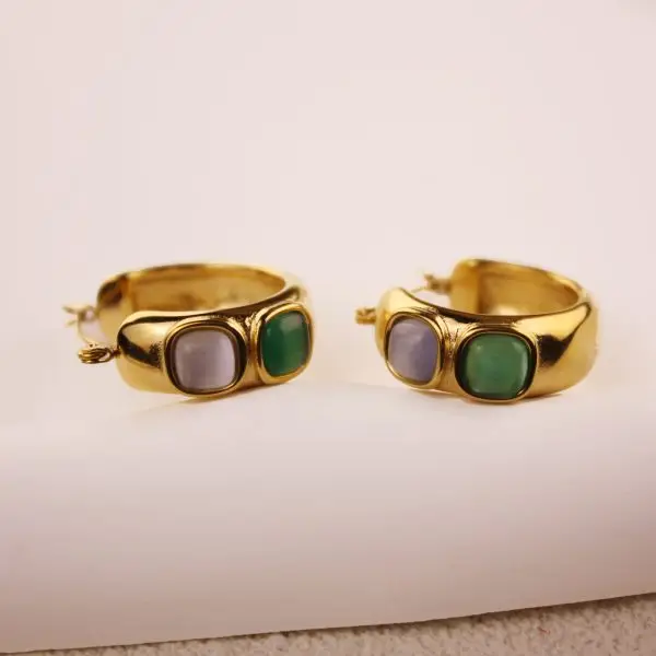 Chunky gold hoop earrings with green and lavender stones (2)