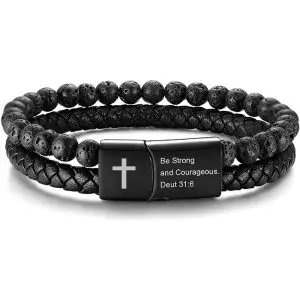 Custom engraved cross bracelet with lava stones and braided leather