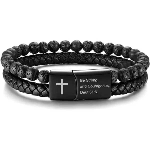 Custom engraved cross bracelet with lava stones and braided leather