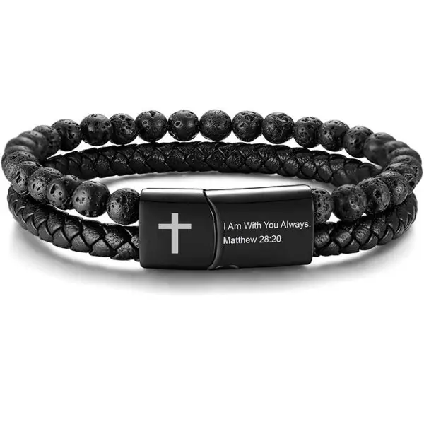 Custom engraved cross bracelet with lava stones and braided leather
