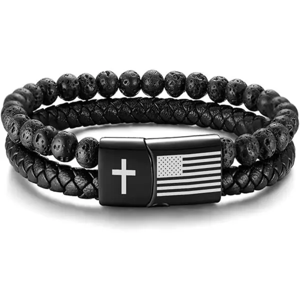 Custom engraved cross bracelet with lava stones and braided leather