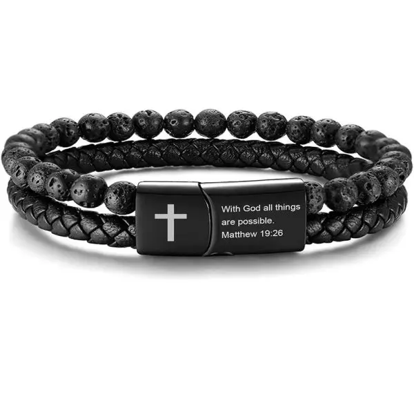 Custom engraved cross bracelet with lava stones and braided leather