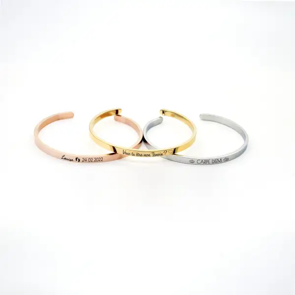 Custom engraved cuff bracelet in gold, silver, and rose gold