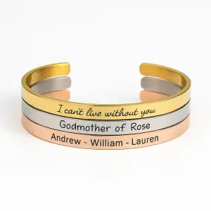 Custom engraved cuff bracelet in gold, silver, and rose gold