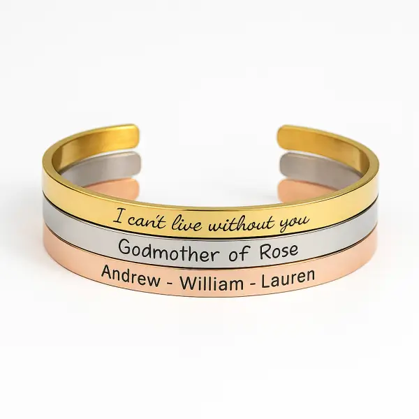 Custom engraved cuff bracelet in gold, silver, and rose gold