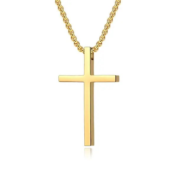 This engravable cross pendant necklace features a sleek black stainless steel design with custom text on the front and side. Perfect for personal messages or scriptures. Free samples available.