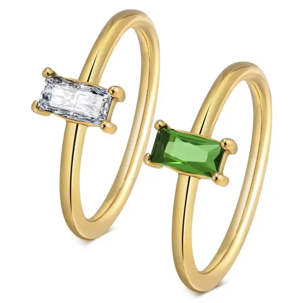 Gold Baguette Stone Ring with Clear and Emerald Zircon – Minimalist Style