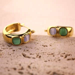 Chunky gold hoop earrings with green and lavender stones