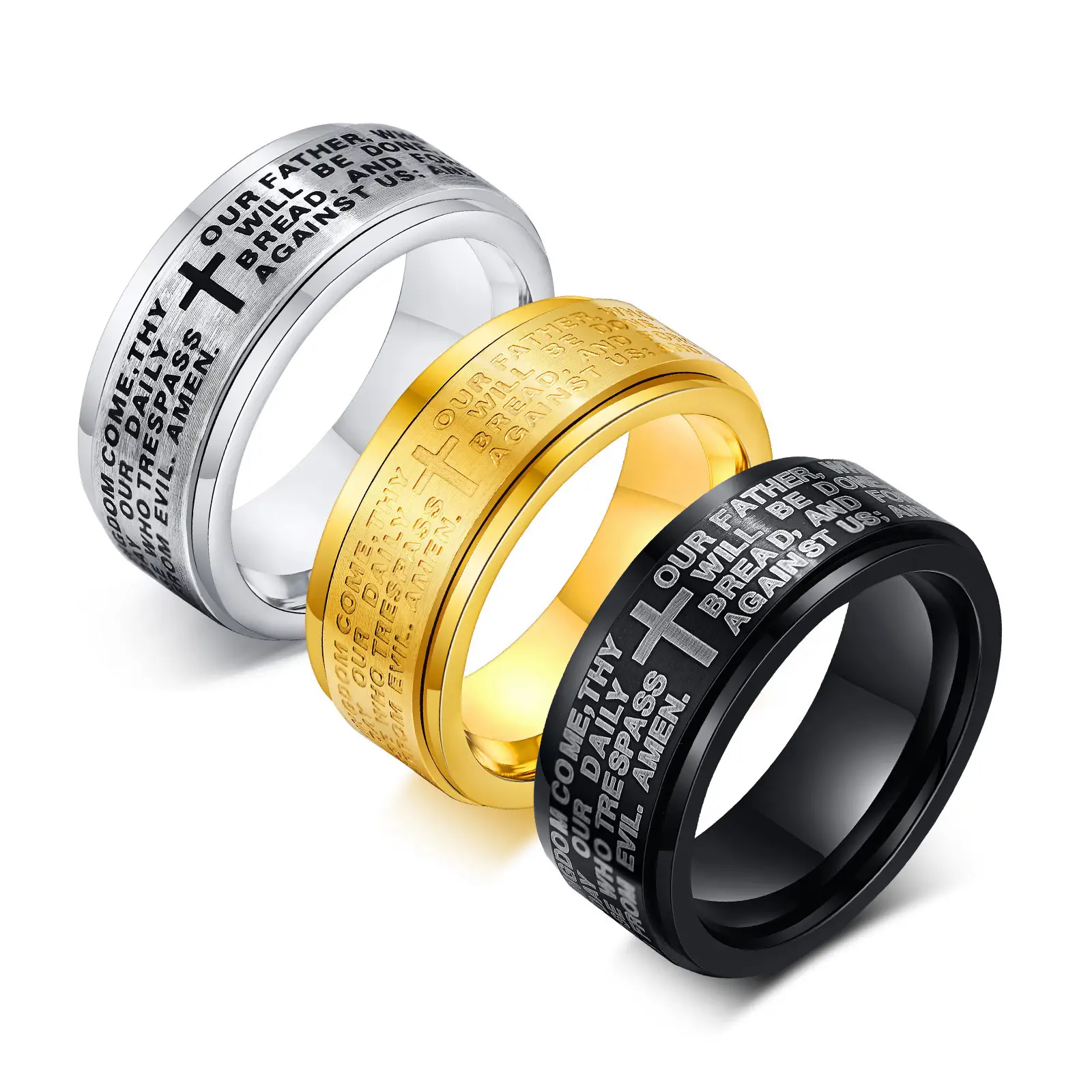 Lord's Prayer Spinner Ring in Stainless Steel – Christian Cross Rotatable Band for Men