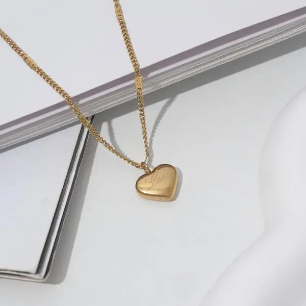 Love Heart Pendant Necklace – Gold Stainless Steel Engraved Charm