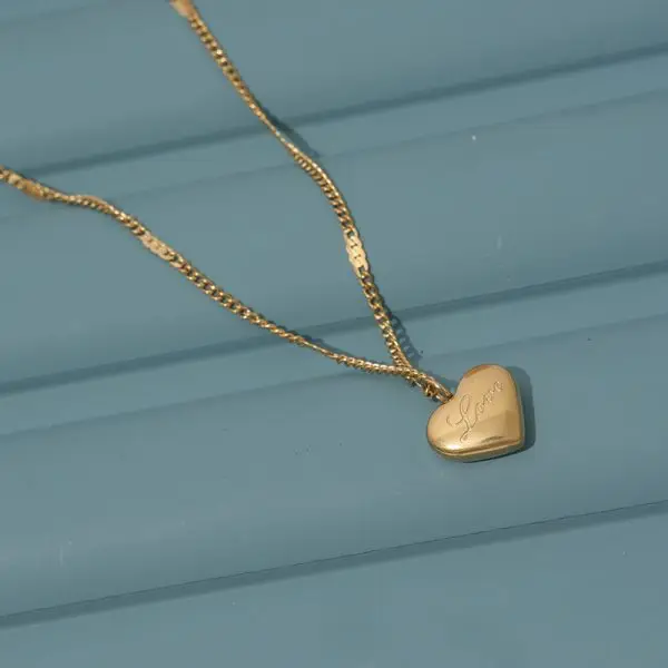 Love Heart Pendant Necklace – Gold Stainless Steel Engraved Charm