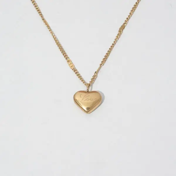 Love Heart Pendant Necklace – Gold Stainless Steel Engraved Charm