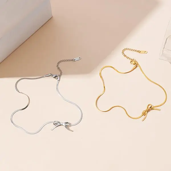 Minimalist Ribbon Bow Choker Necklace – Adjustable Gold & Silver Bow Collar for Women