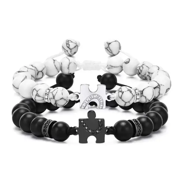 Puzzle Couple Bracelets – Matching Natural Stone and Stainless Steel Jewelry for Lovers