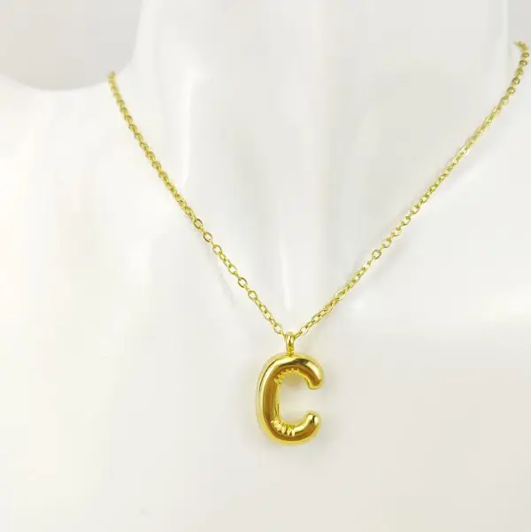 Trendy Bubble Initial Necklace – Stainless Steel Gold Letter A-Z Pendant