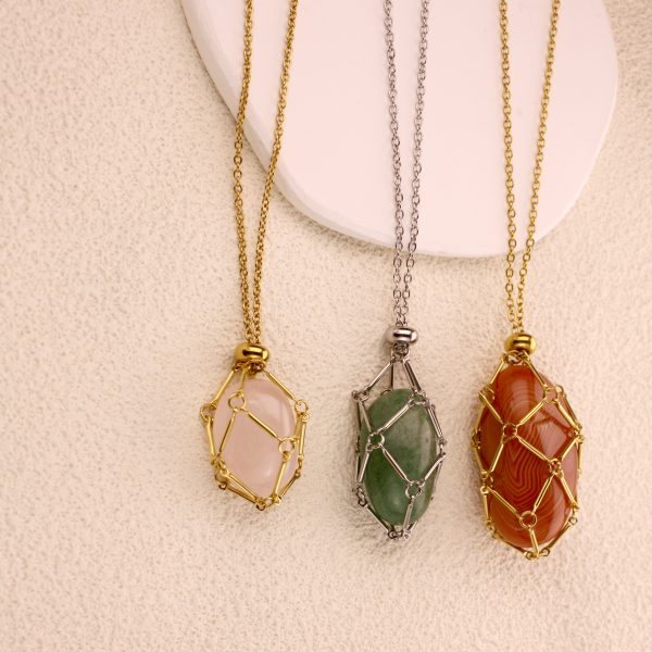 Versatile Crystal Cage Necklace – Stainless Steel Gold Stone Holder Pendant