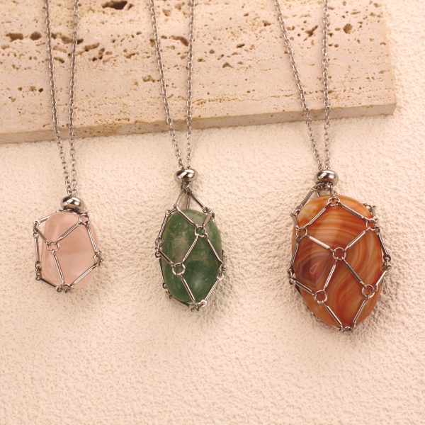 Versatile Crystal Cage Necklace – Stainless Steel Gold Stone Holder Pendant