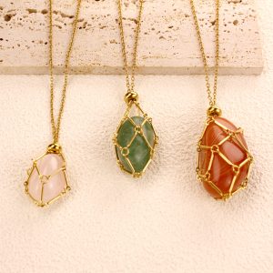 Versatile Crystal Cage Necklace – Stainless Steel Gold Stone Holder Pendant