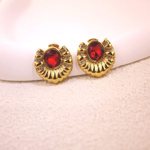Vintage Red Gemstone Earrings – Gold Shell Fan Statement Studs