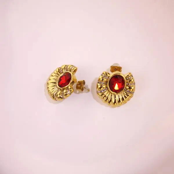 Vintage Red Gemstone Earrings – Gold Shell Fan Statement Studs