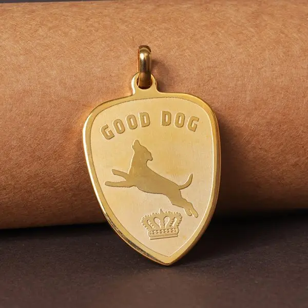 custom dog tag pendants in shield, round, and bone shapes