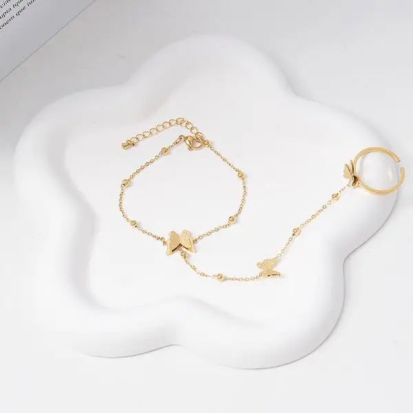 Bracelet ring set with gold chain and adjustable ring for women
