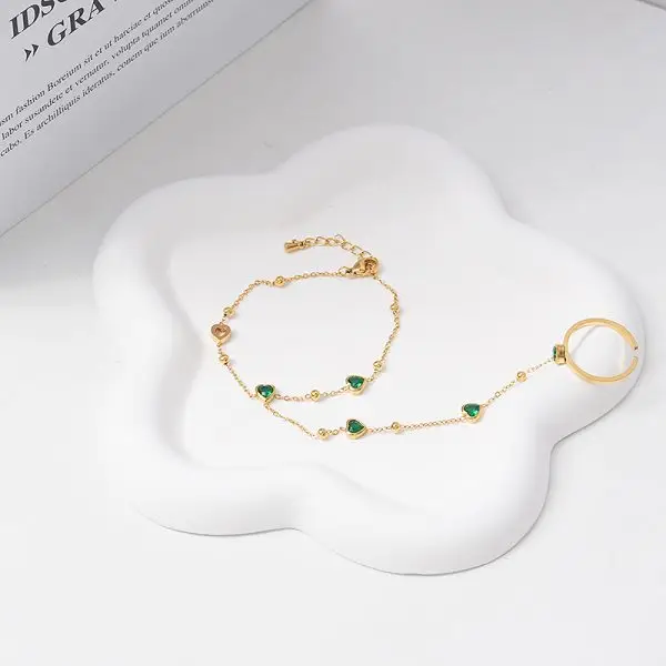 Bracelet ring set with gold chain and adjustable ring for women