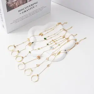 Bracelet ring set with gold chain and adjustable ring for women