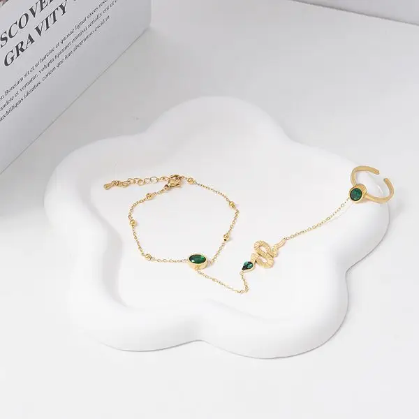 Bracelet ring set with gold chain and adjustable ring for women
