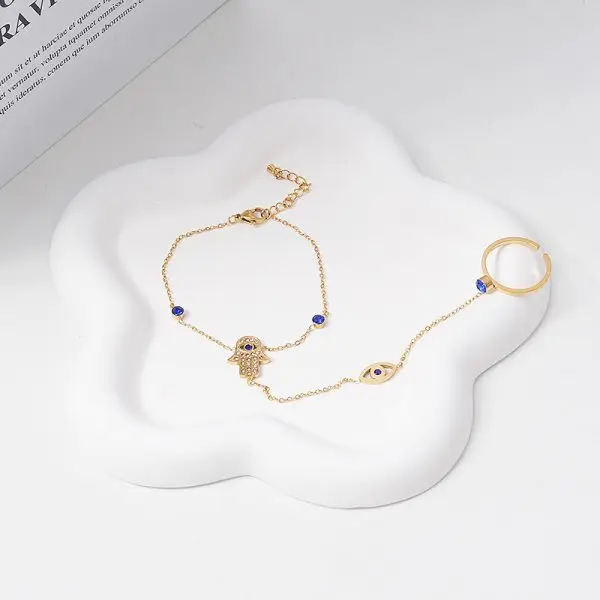 Bracelet ring set with gold chain and adjustable ring for women