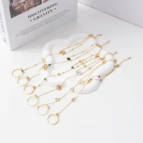 Bracelet ring set with gold chain and adjustable ring for women
