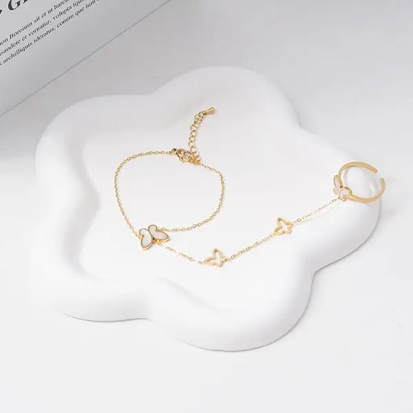 Bracelet ring set with gold chain and adjustable ring for women
