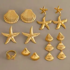 Gold starfish shell earrings, studs, and ring set with beach-inspired summer design