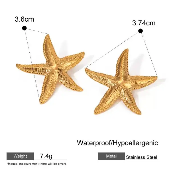 Gold starfish shell earrings, studs, and ring set with beach-inspired summer design